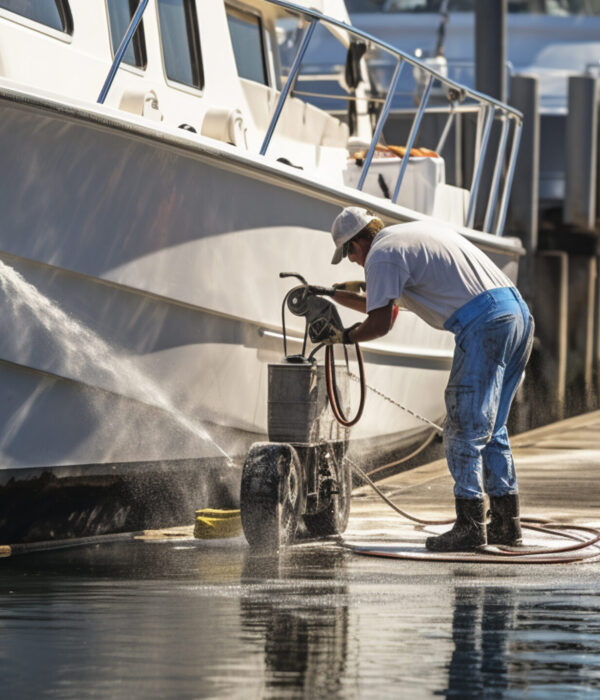 man cleaning the sea with a boat