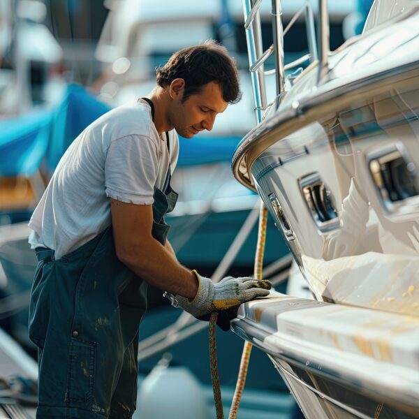 a man working on a boat in a marina