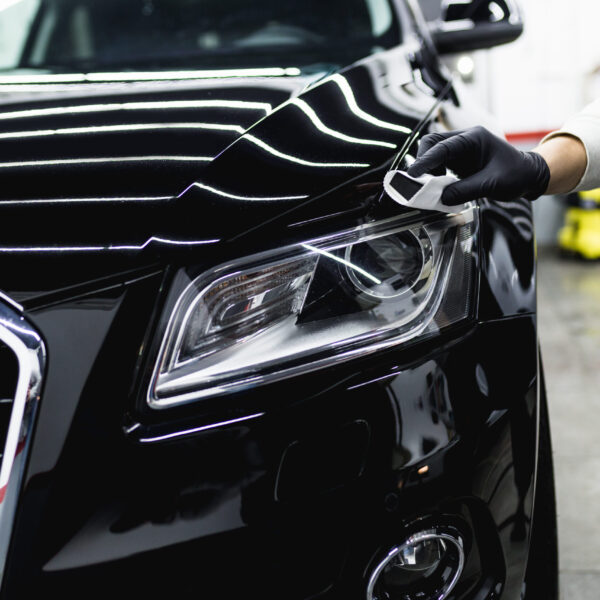 Worker cleaning car - car detailing (or valeting) concept. Selective focus.